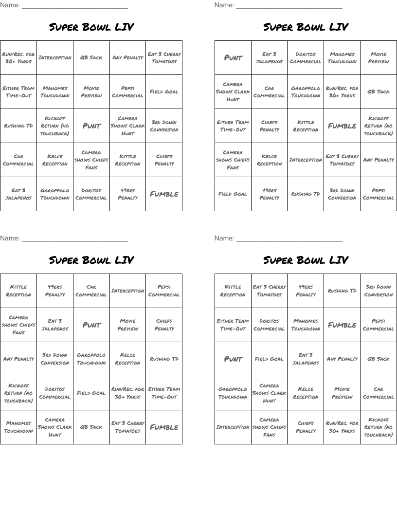 Super Bowl LIV Bingo Cards
