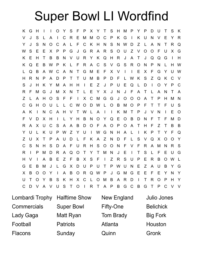 Super Bowl LI Wordfind Word Search