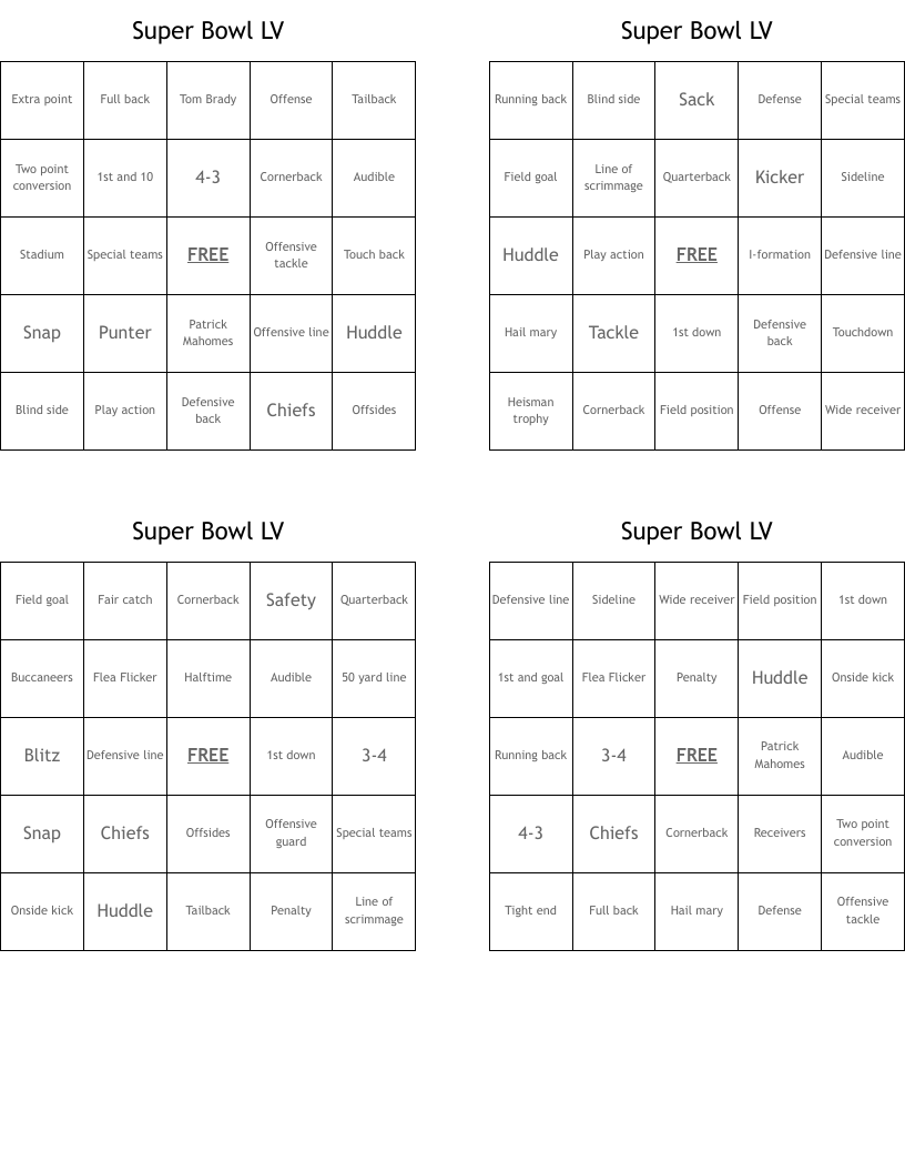 Super Bowl LV Bingo Cards