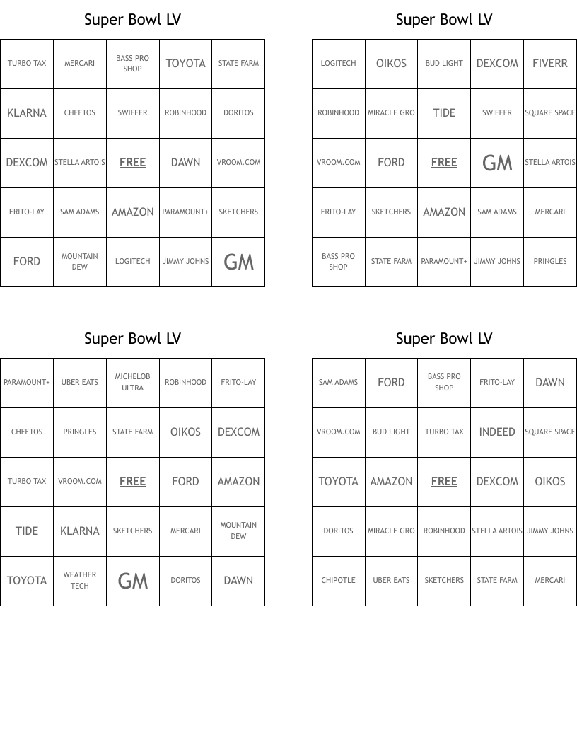Super Bowl LV Bingo Cards