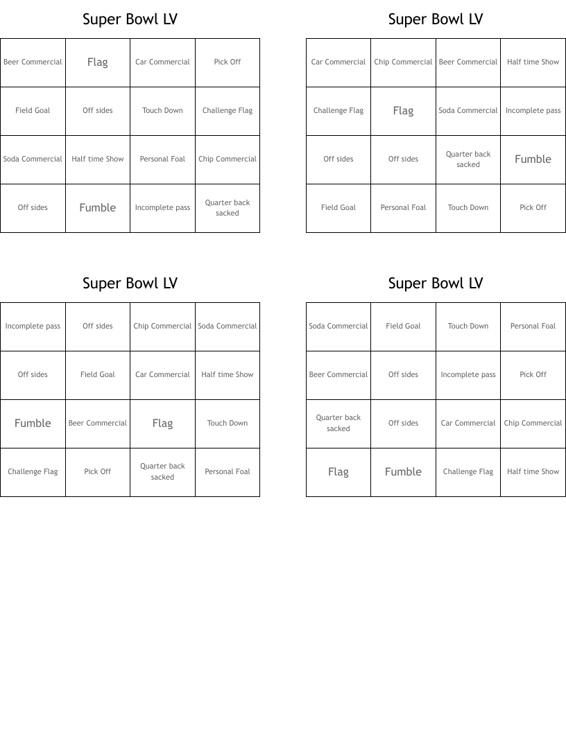 Super Bowl LV Bingo Cards
