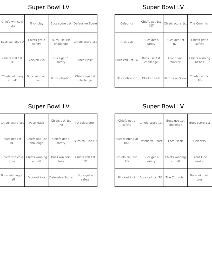 Super Bowl LV  Bingo Cards