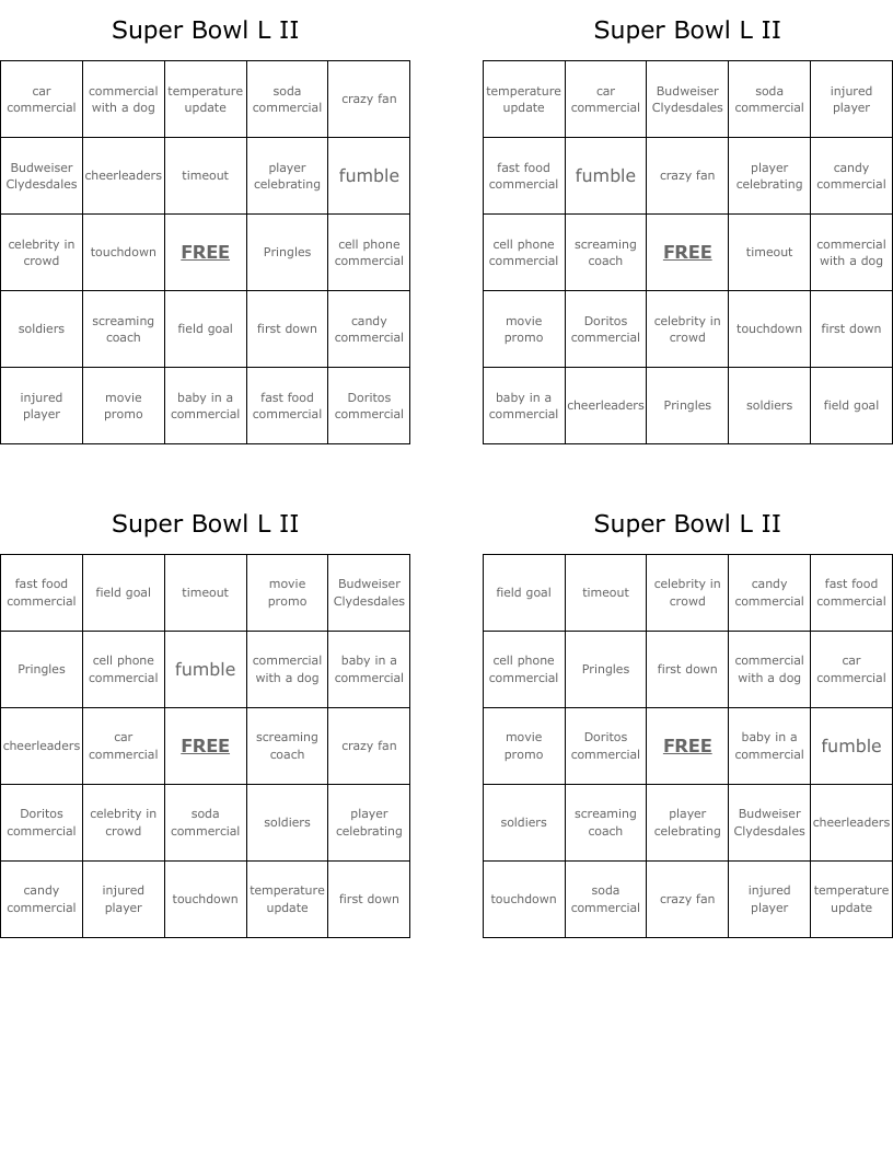 Super Bowl L II Bingo Cards
