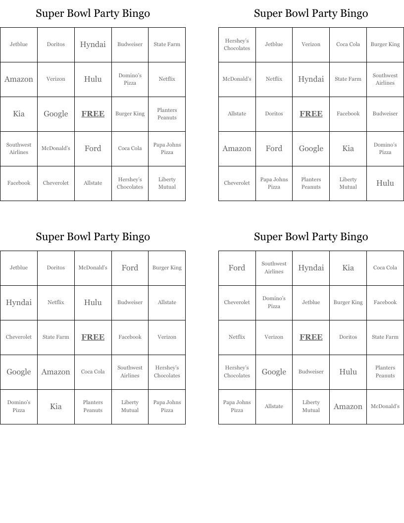 Super Bowl Party Bingo