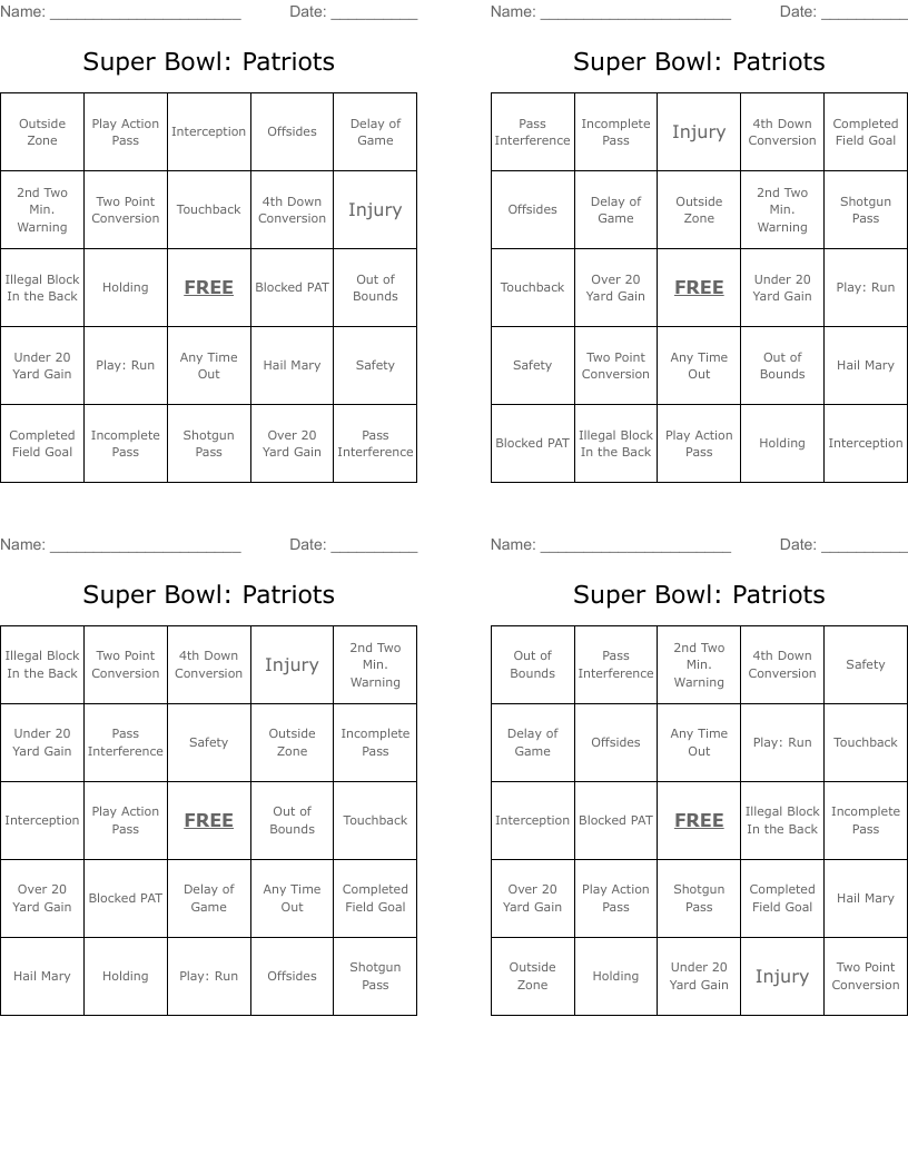 Super Bowl: Patriots Bingo Cards