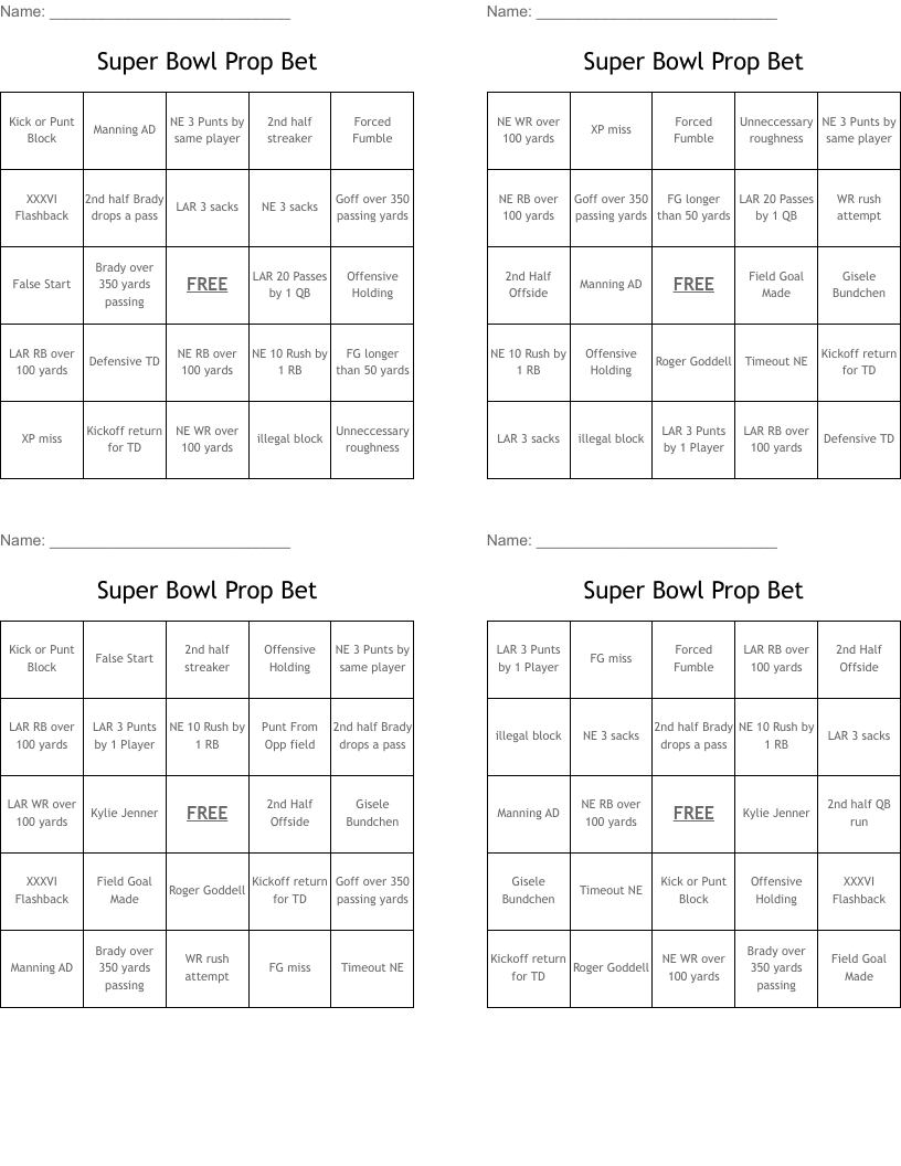 Super Bowl Prop Bet Bingo Cards