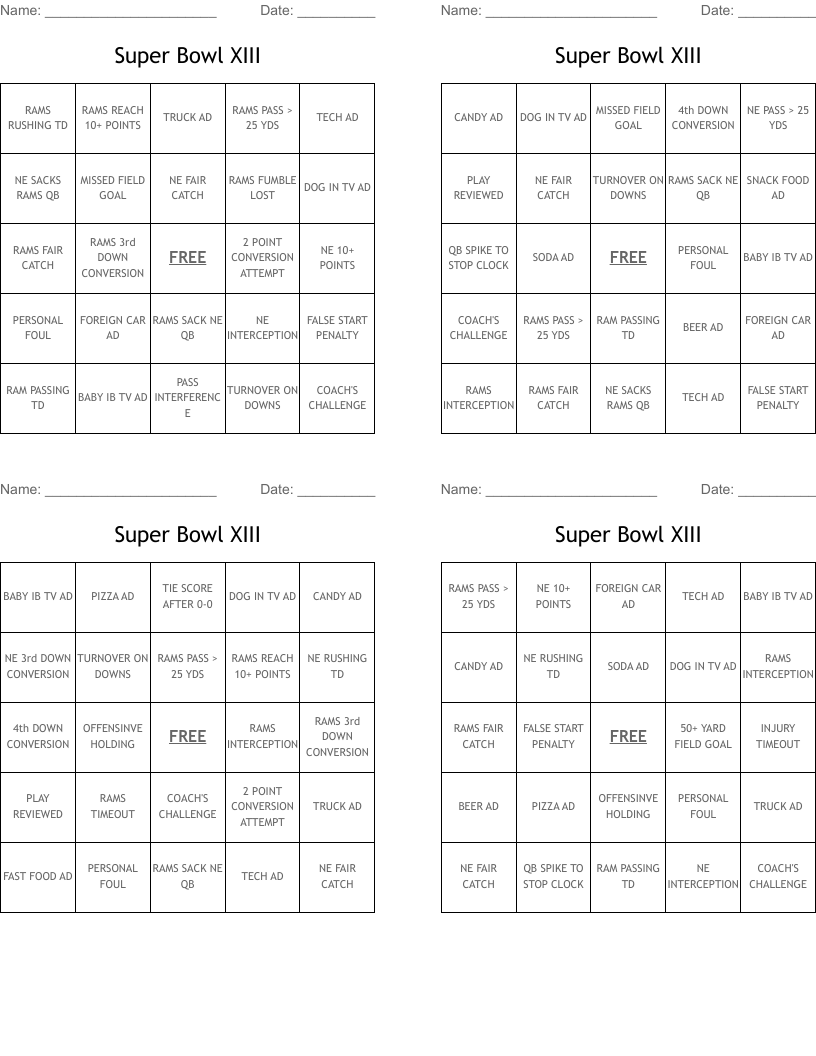 Super Bowl XIII Bingo Cards