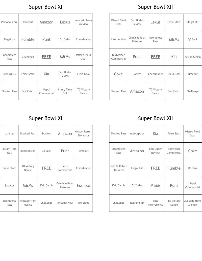 Super Bowl XII Bingo Cards