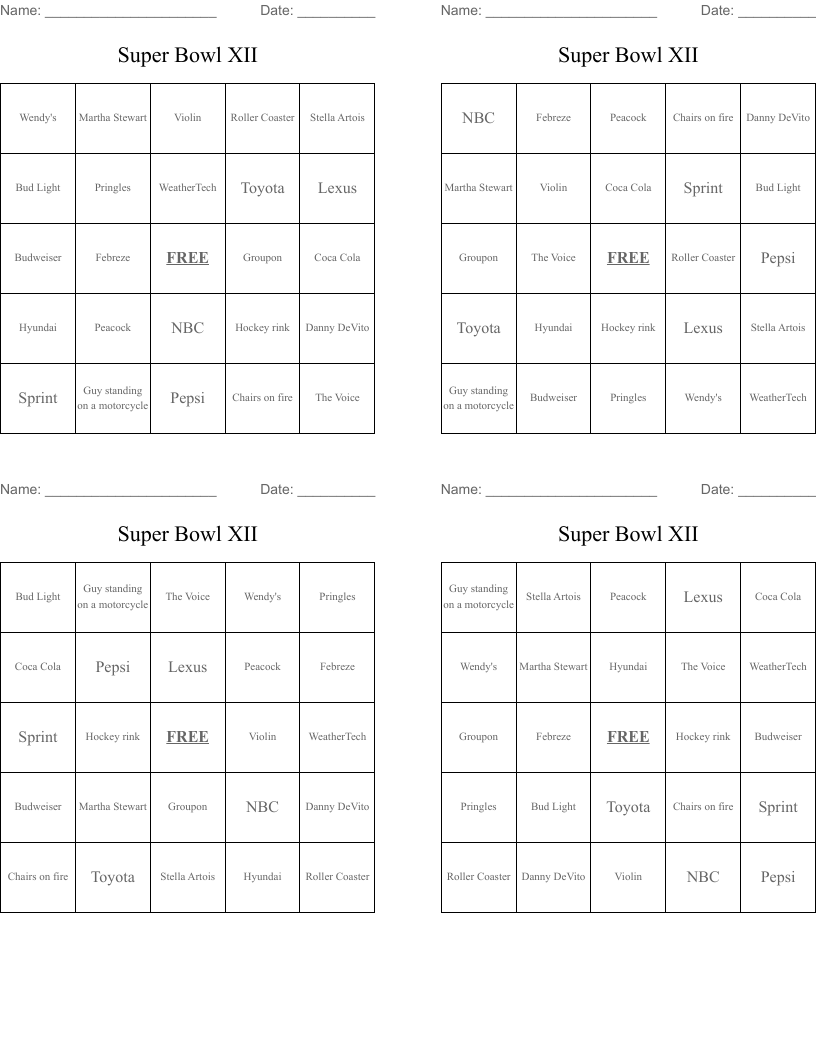 Super Bowl XII Bingo Cards