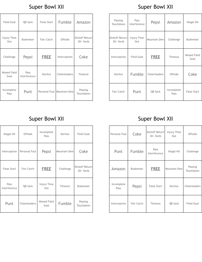Super Bowl XII Bingo Cards