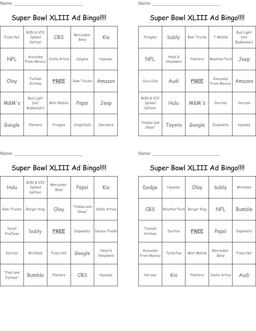 Super Bowl XLIII Ad Bingo!!!!