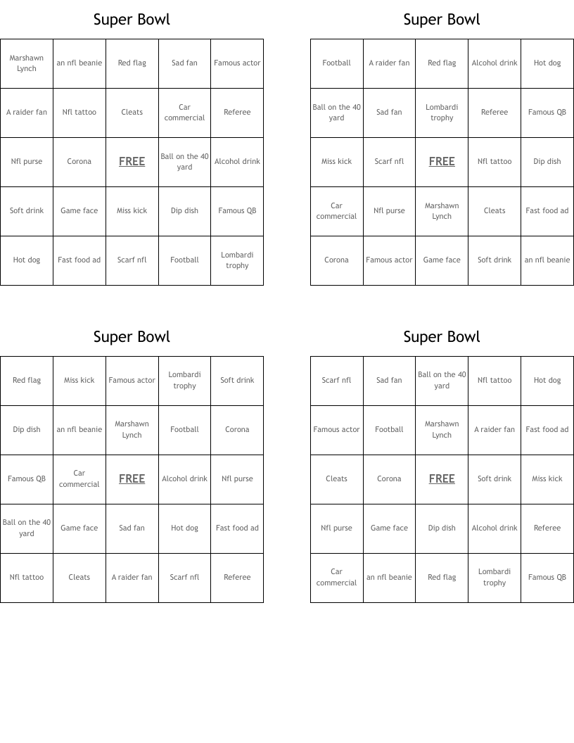 Super Bowl  Bingo Cards