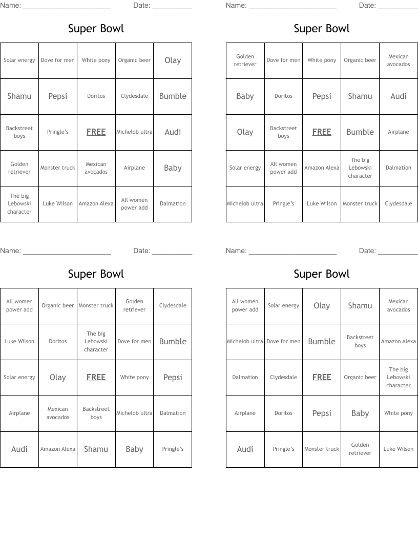 Super Bowl  Bingo Cards