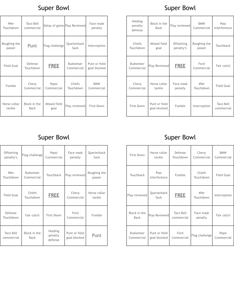 Super Bowl  Bingo Cards