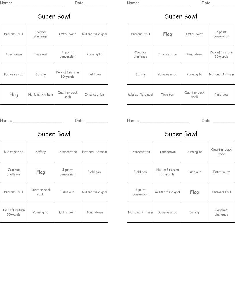 Super Bowl  Bingo Cards