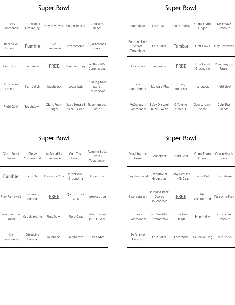 Super Bowl  Bingo Cards