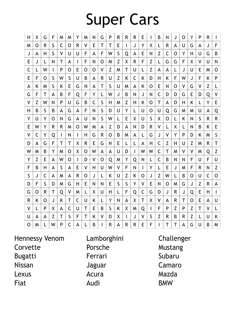 Super Cars  Word Search