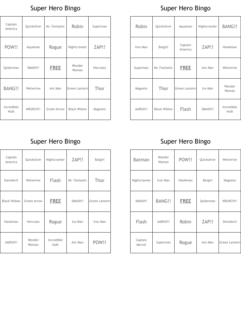 Super Hero Bingo