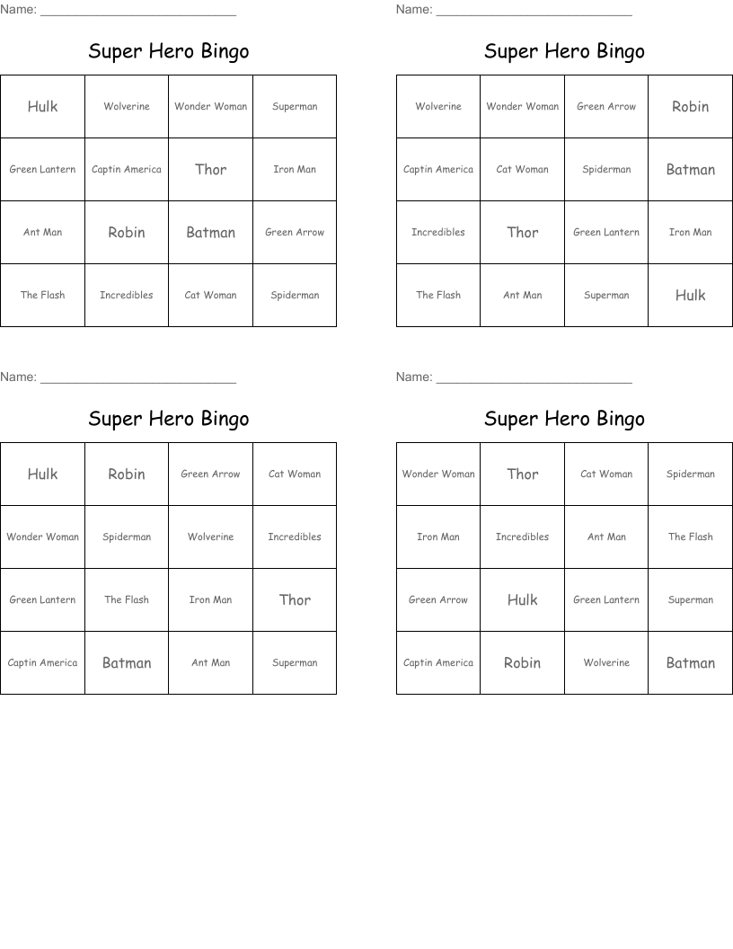 Super Hero Bingo