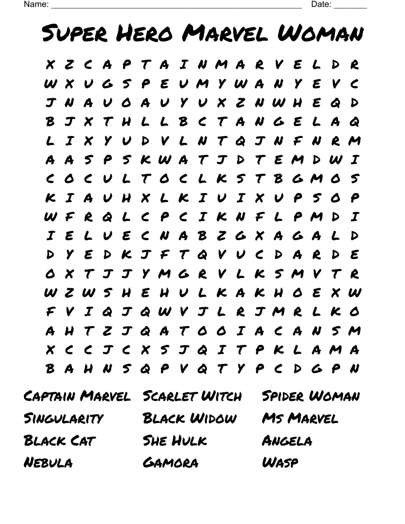 Super Hero Marvel Woman Word Search