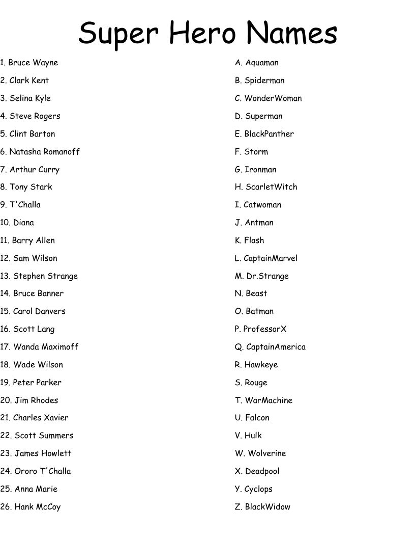 Super Hero Names Worksheet