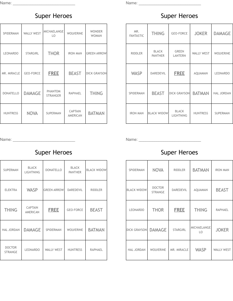 Super Heroes Bingo Cards
