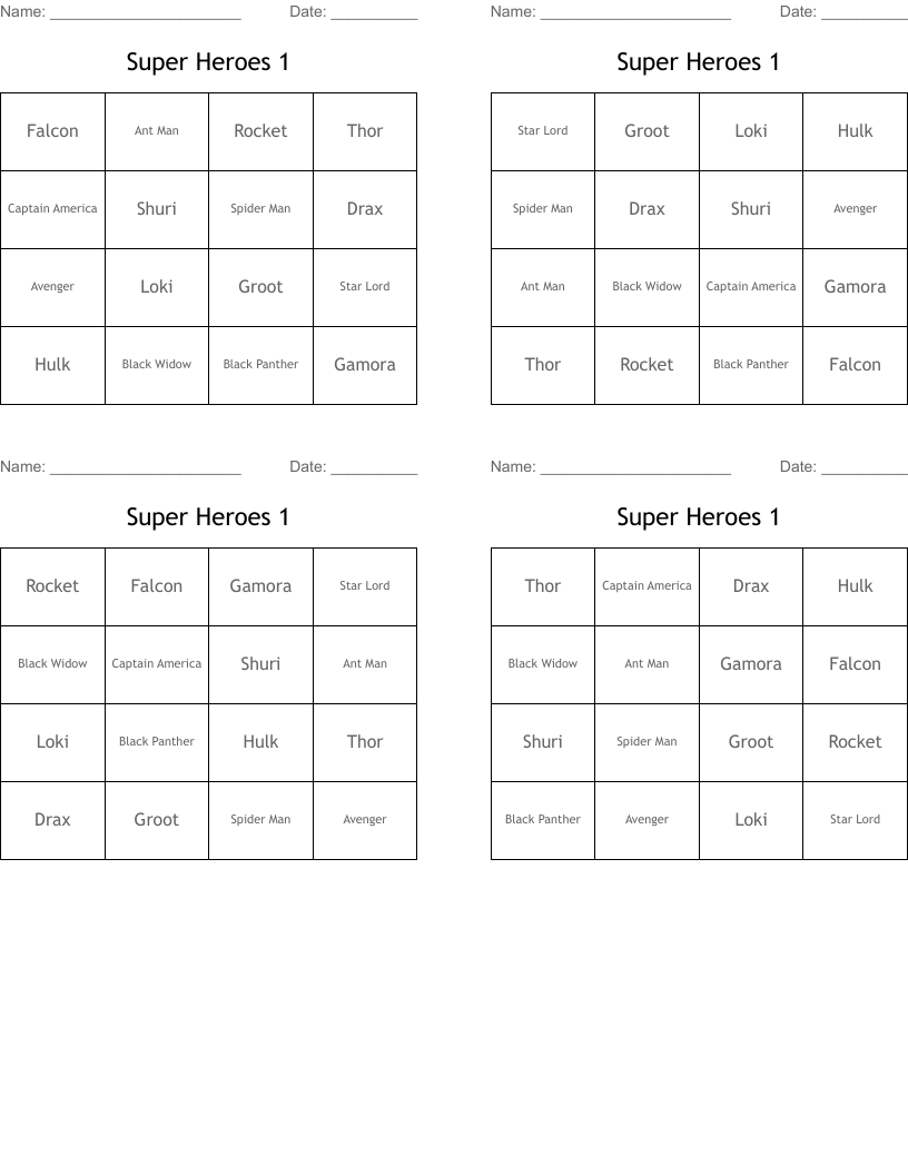 Super Heroes 1 Bingo Cards