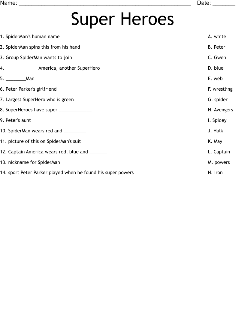Super Heroes Worksheet
