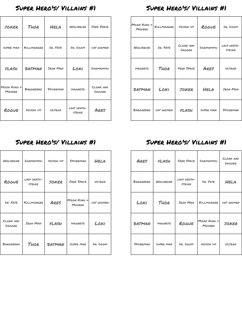 Super Hero's/ Villains #1 Bingo Cards