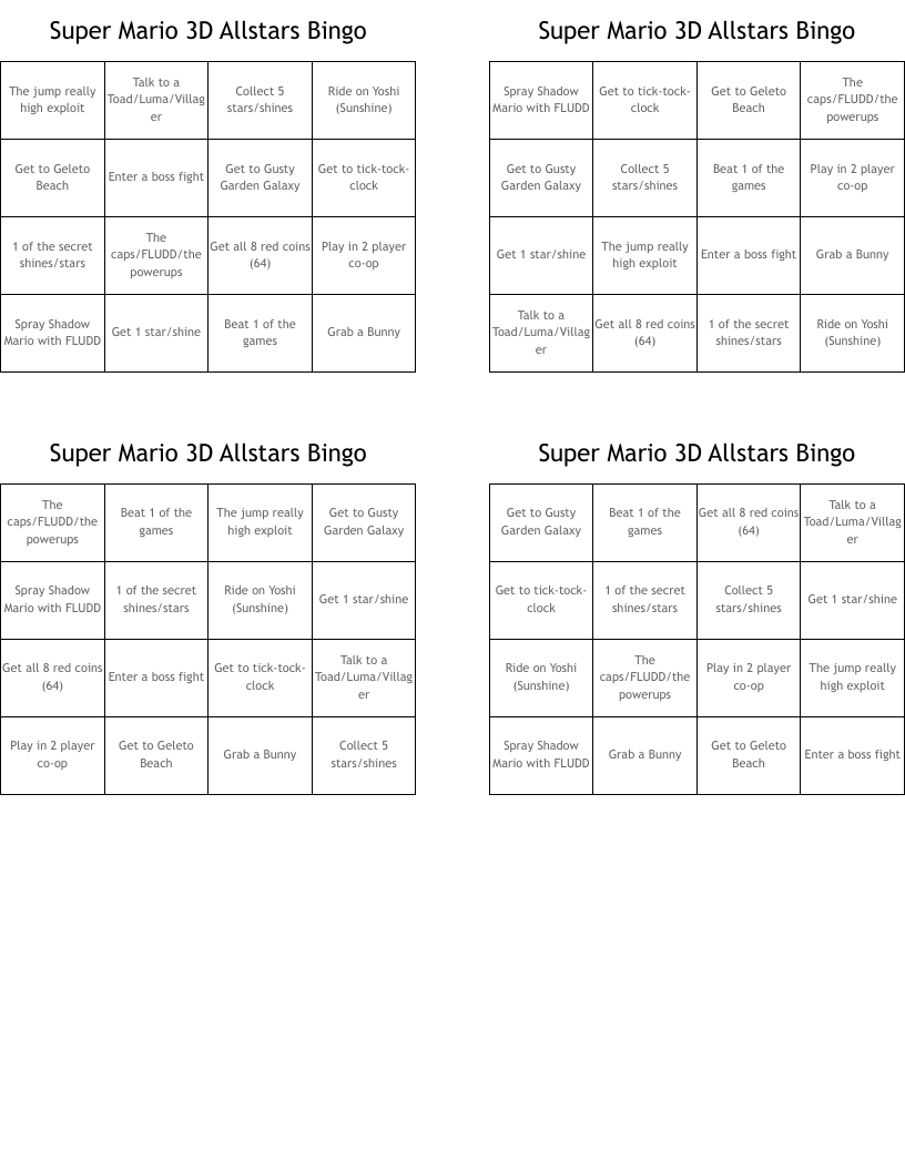 Super Mario 3D Allstars Bingo