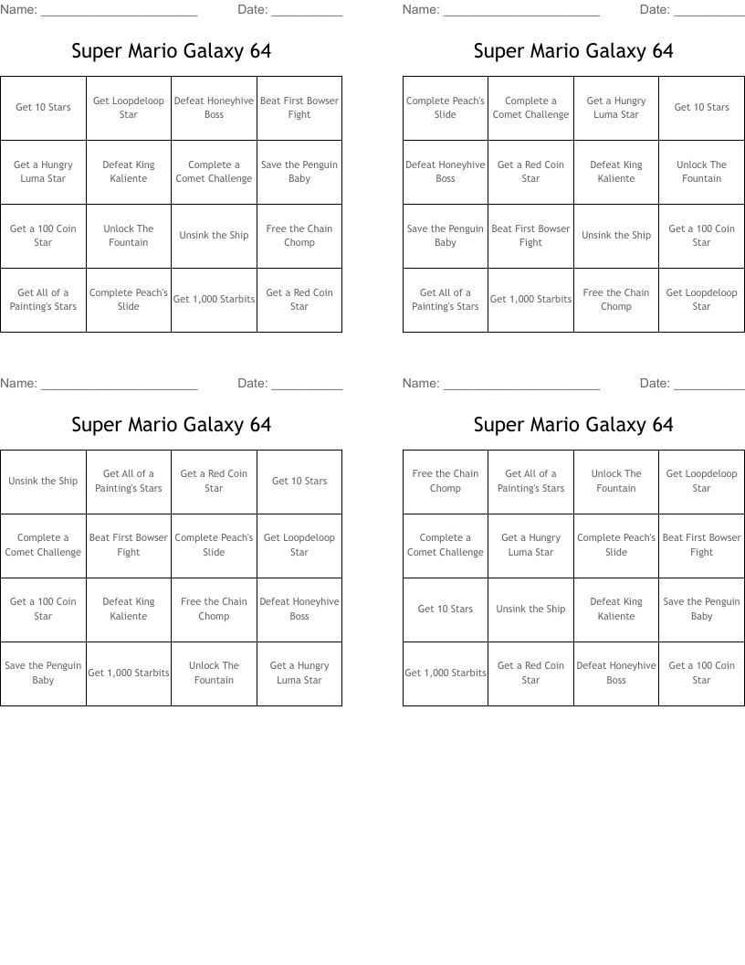 Super Mario Galaxy 64 Bingo Cards