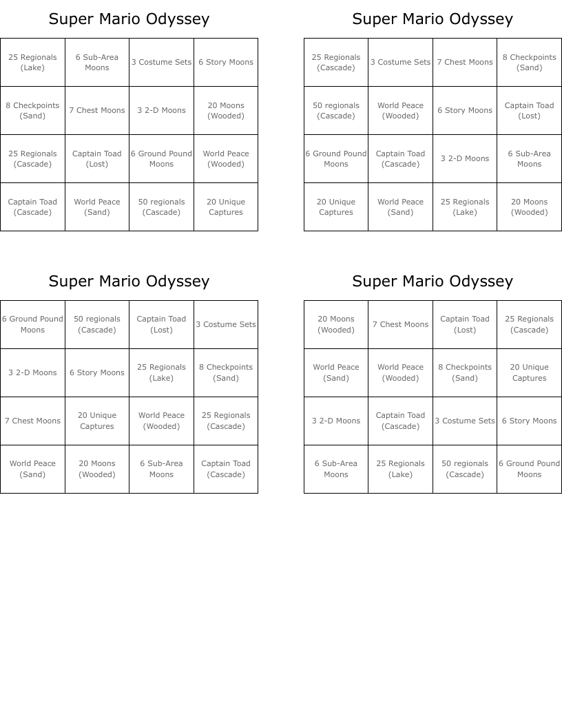 Super Mario Odyssey Bingo Cards