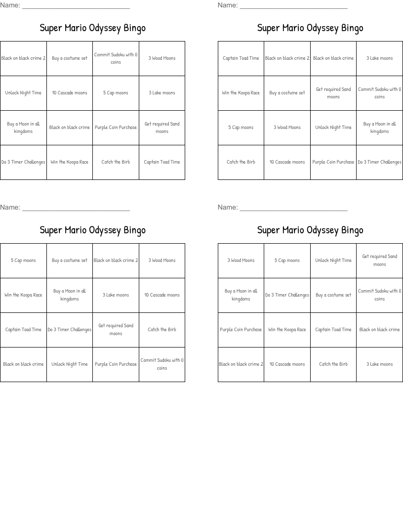 Super Mario Odyssey Bingo
