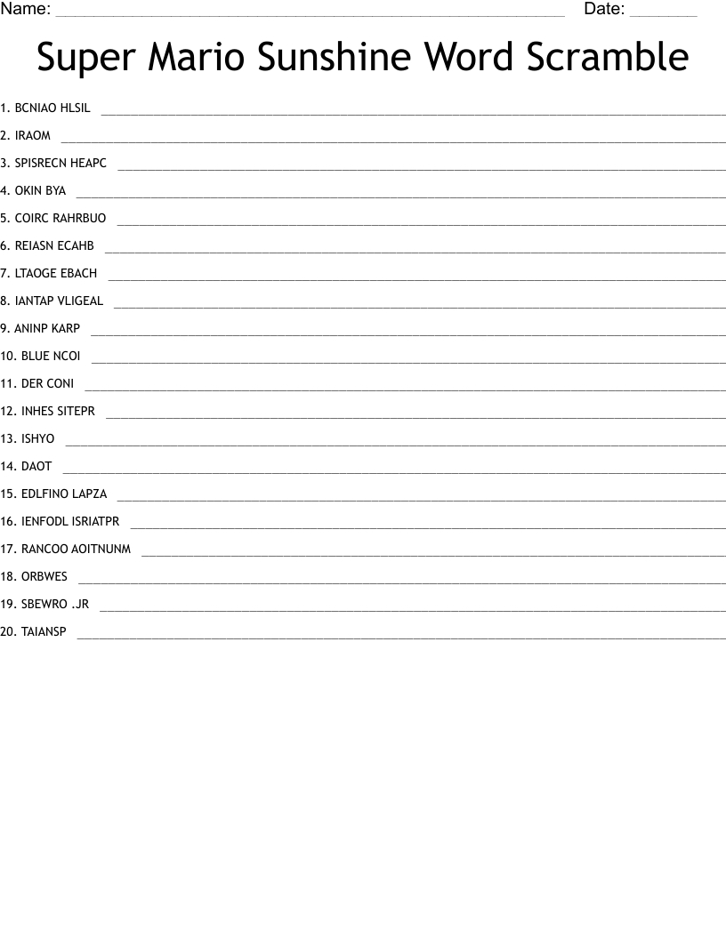 Super Mario Sunshine Word Scramble