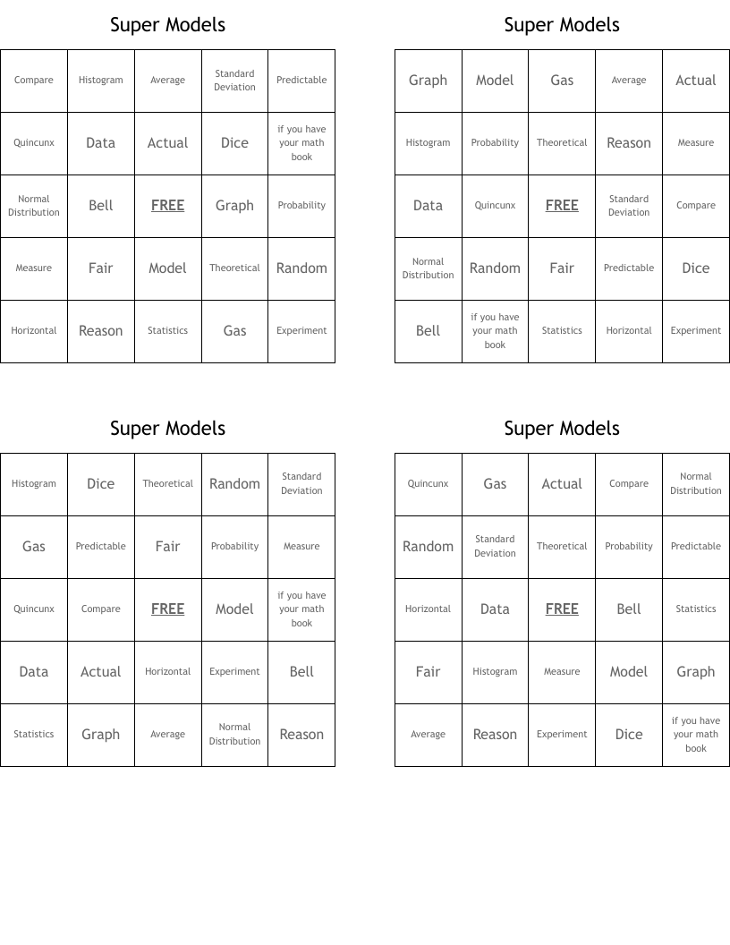 Super Models Bingo Cards