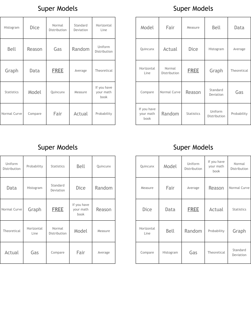 Super Models  Bingo Cards