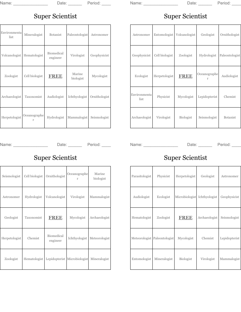 Super Scientist Bingo Cards
