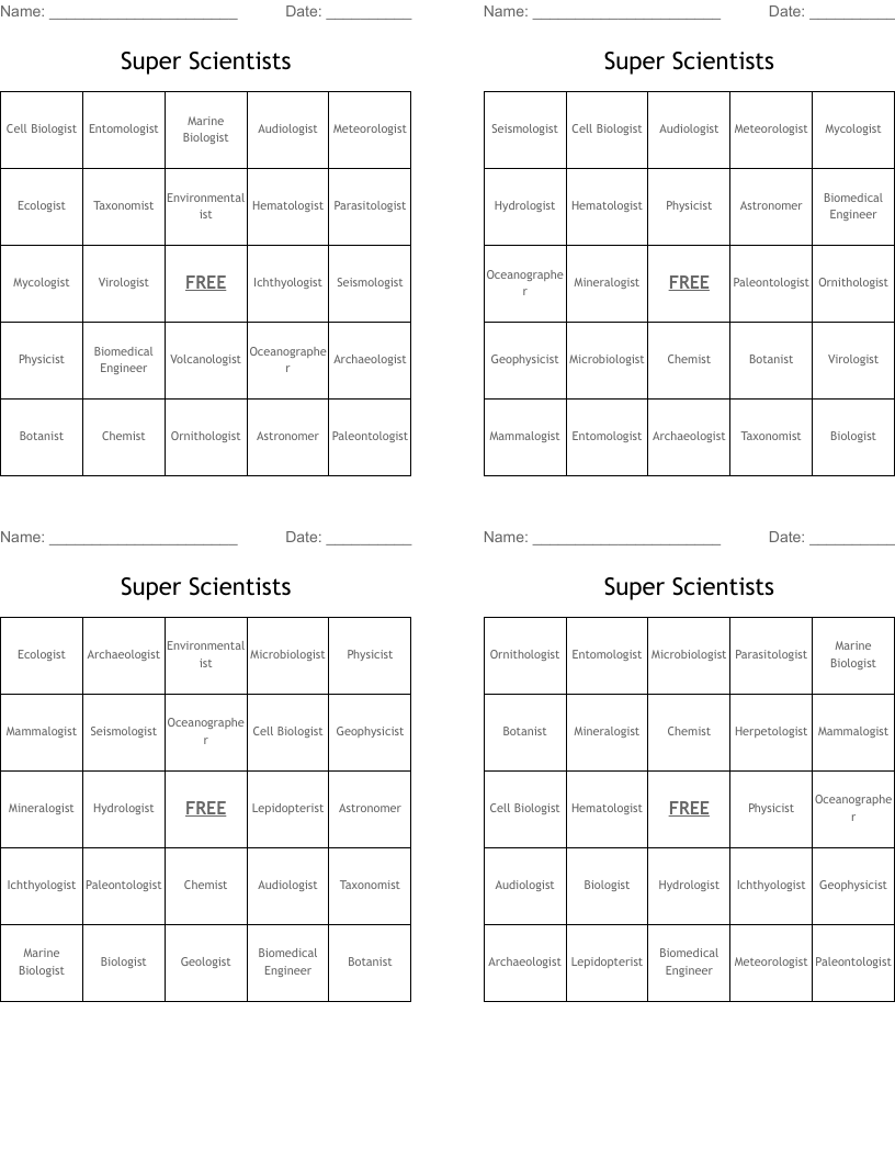Super Scientists Bingo Cards