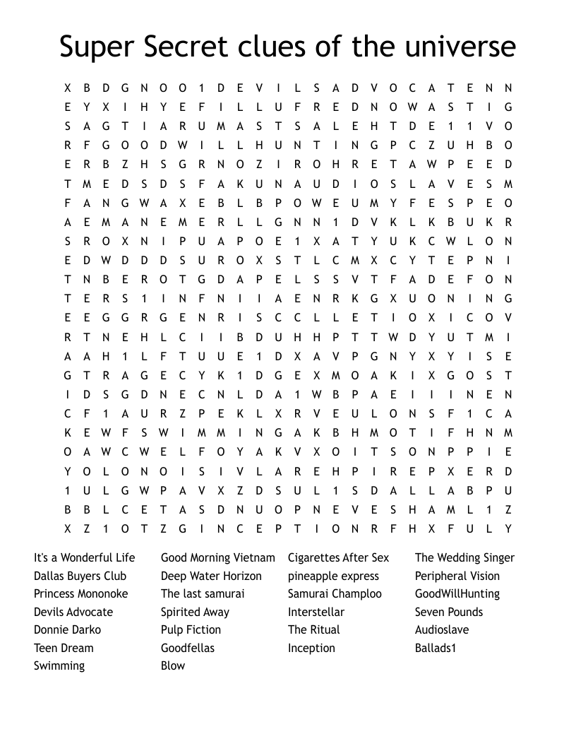 Super Secret clues of the universe Word Search