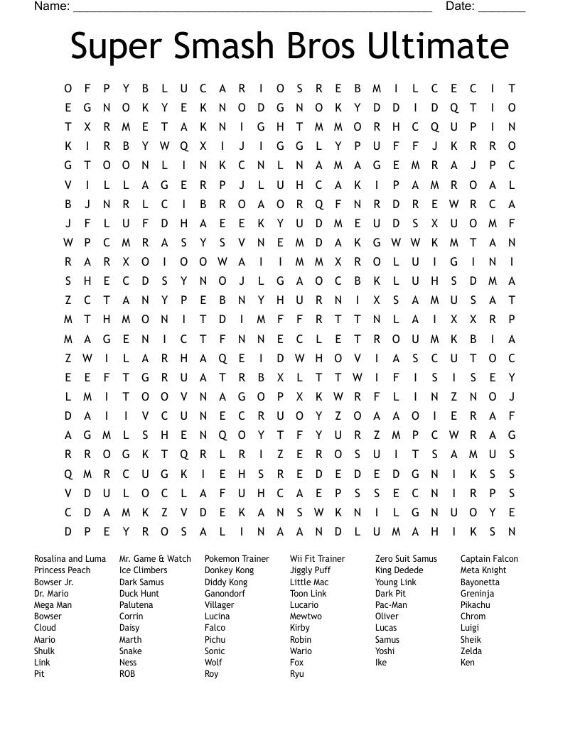 Super Smash Bros Ultimate Word Search