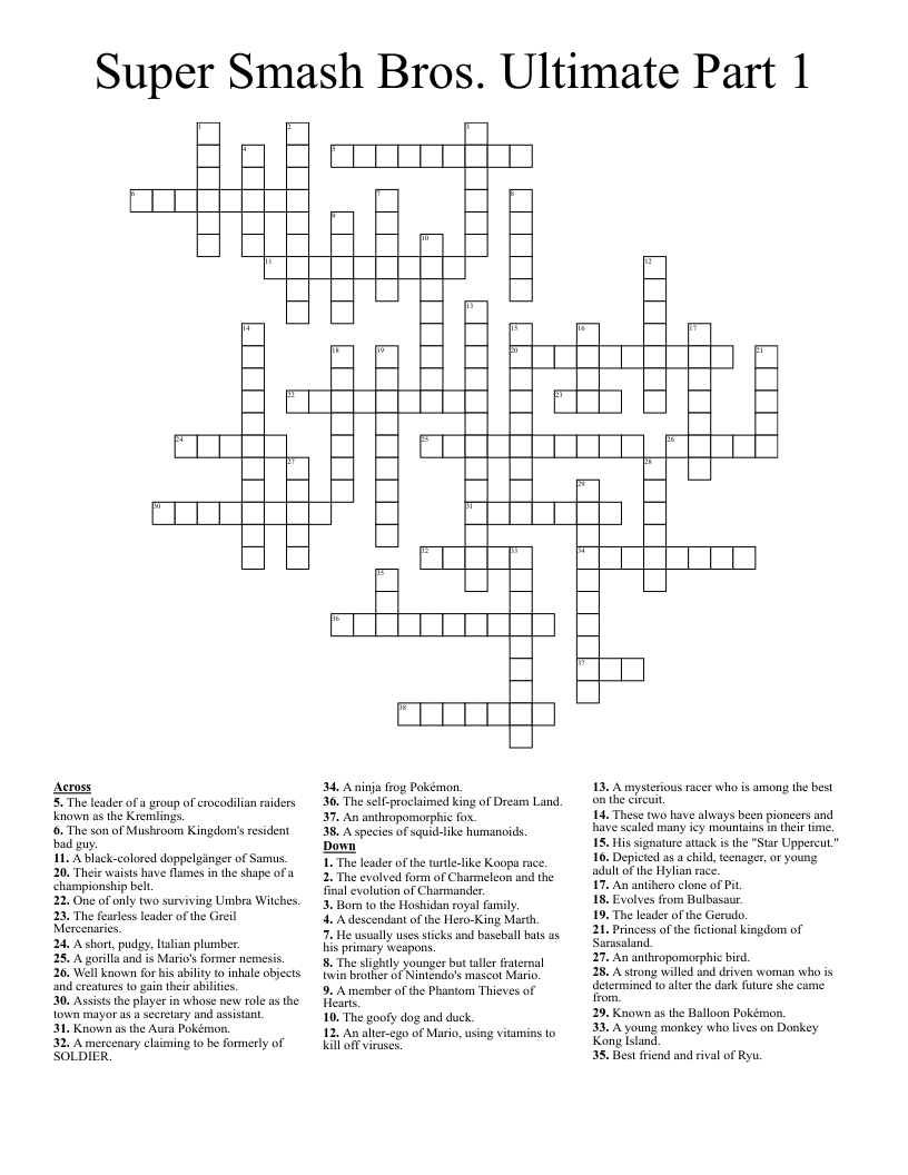 Super Smash Bros. Ultimate Part 1 Crossword