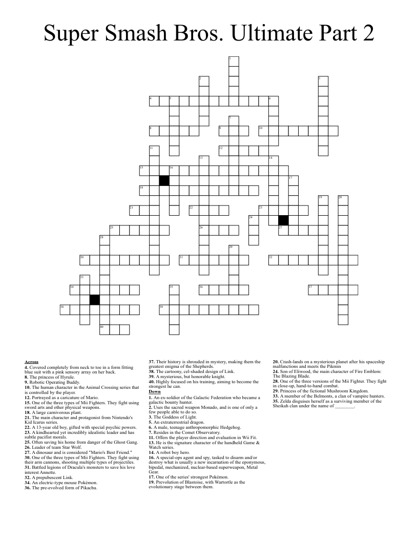Super Smash Bros. Ultimate Part 2 Crossword