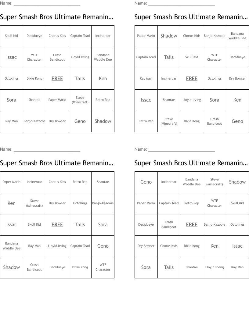 Super Smash Bros Ultimate Remaning Fighters Bingo Cards