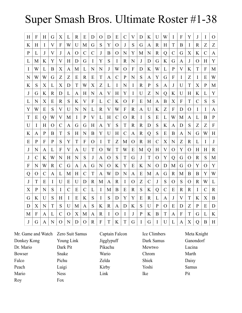 Super Smash Bros. Ultimate Roster #1-38 Word Search