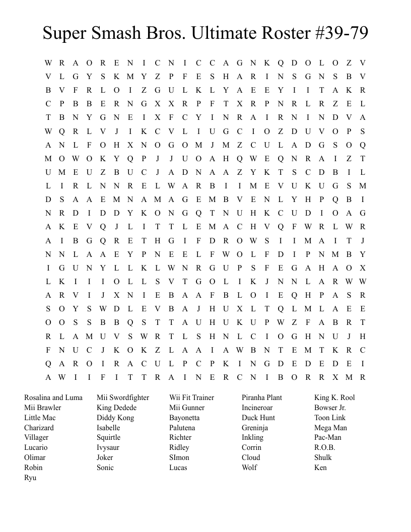 Super Smash Bros. Ultimate Roster #39-79 Word Search