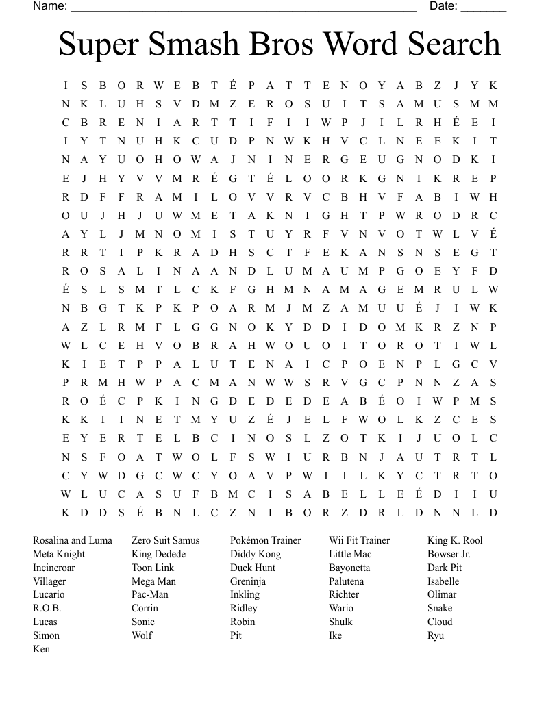 Super Smash Bros Word Search