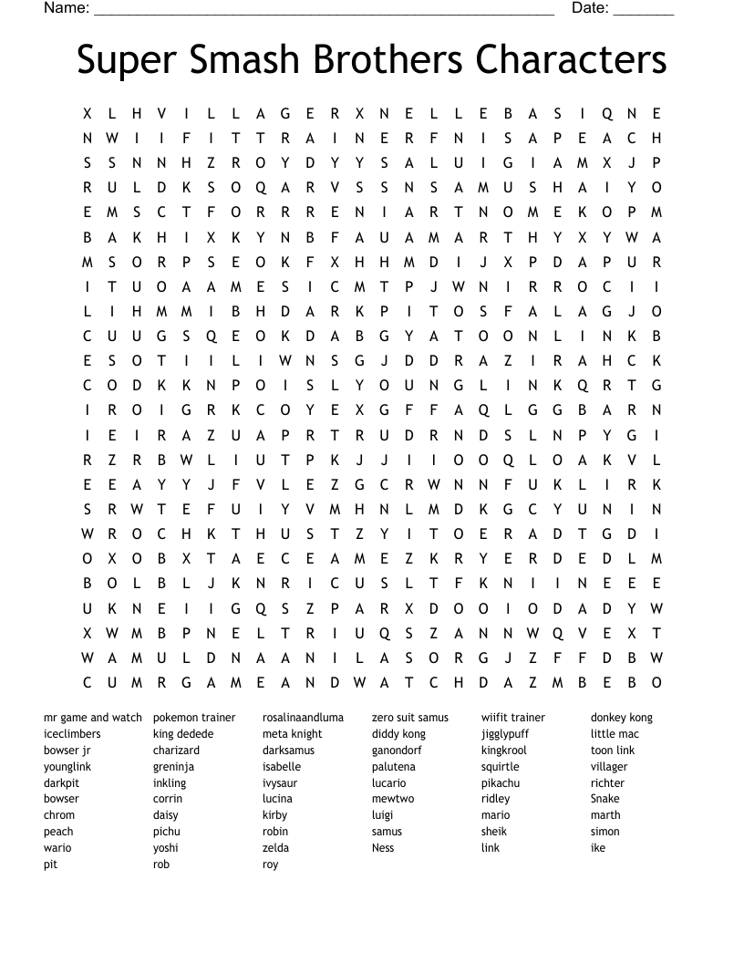 Super Smash Brothers Characters Word Search