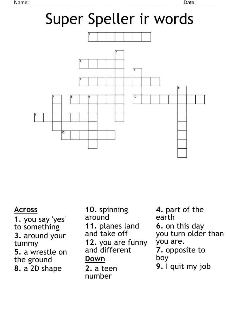 Super Speller ir words Crossword