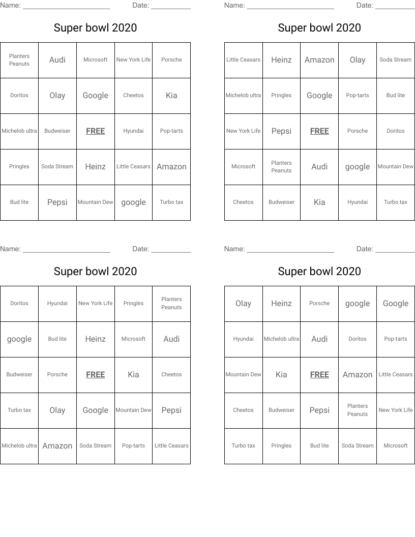 Super bowl 2020 Bingo Cards
