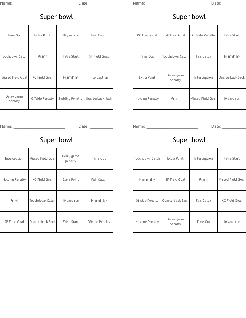 Super bowl Bingo Cards
